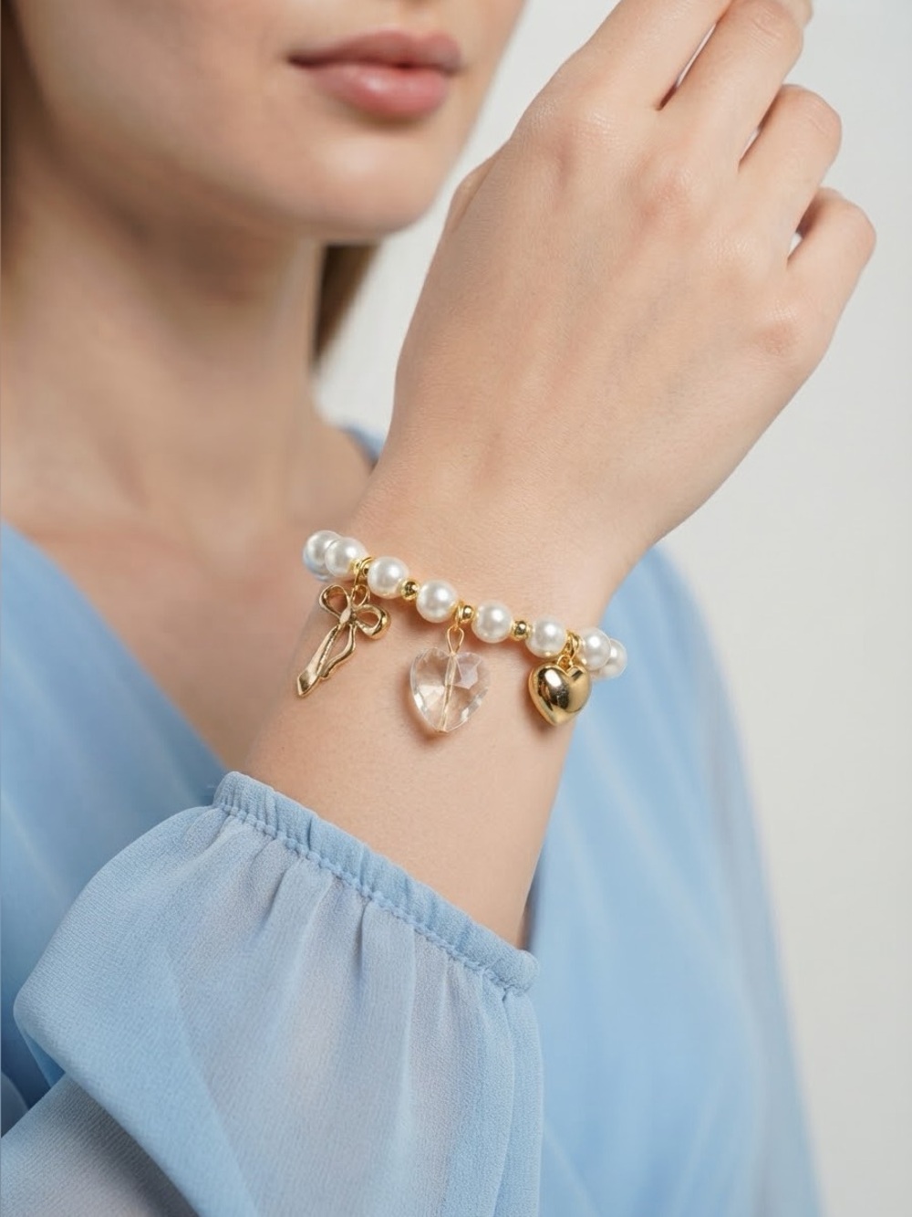 Pearl Charm Bracelet | Gold Bow Crystal Heart Stretch Bracelet